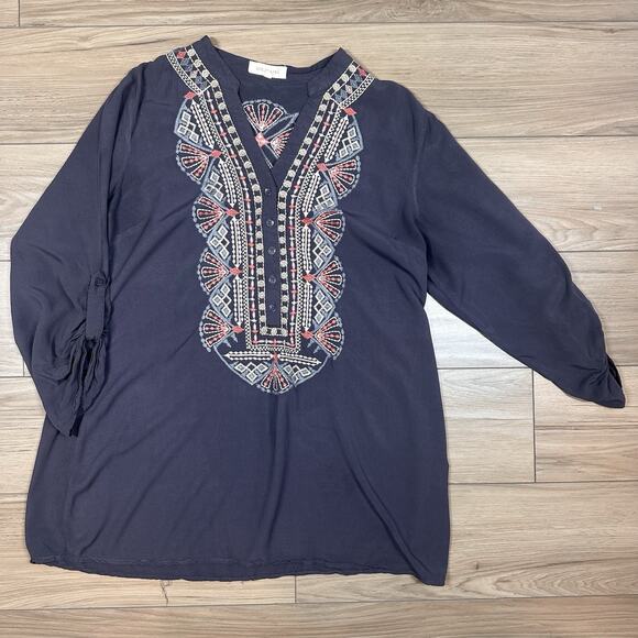 Solitaire‎ Tunic Long Roll Tab Sleeve Embroidery Trim Size Large Johnny Was Boho - Picture 3 of 8